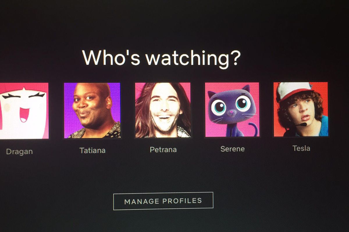 A Netflix login screen depicting a default smiling pink avatar, Titus from Unbreakable Kimmy Schmidt, JVN from Queer Eye, a cute cat icon, and Dustin from Stranger Things