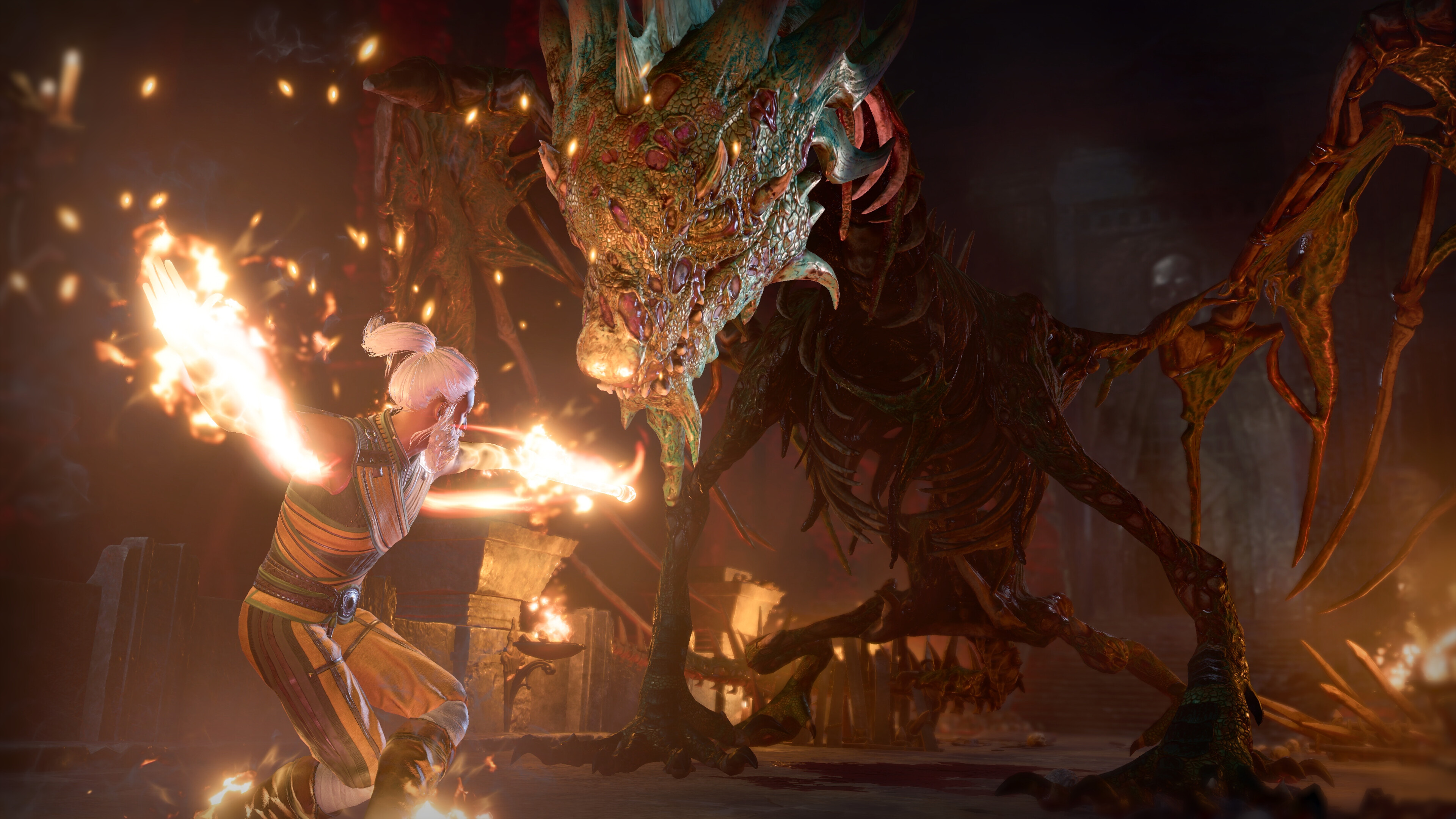 A fire-casting mage battles a decomposing dragon in a screenshot from Baldur’s Gate 3