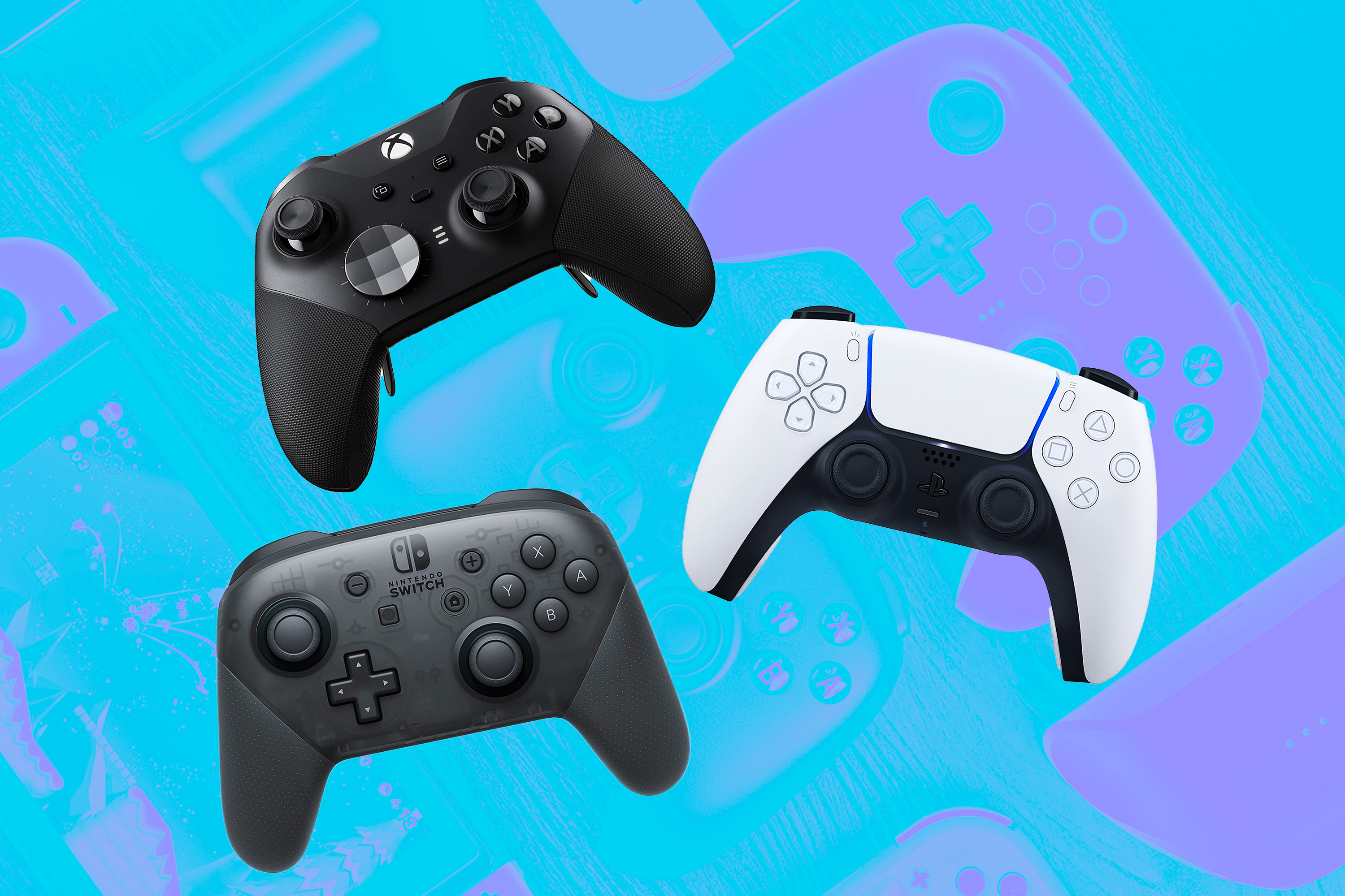 Among the best controllers for PC gaming are Sony’s DualSense, Nintendo’s Switch Pro controller, and the Xbox Elite Series 2 controller, all arranged in a graphic.
