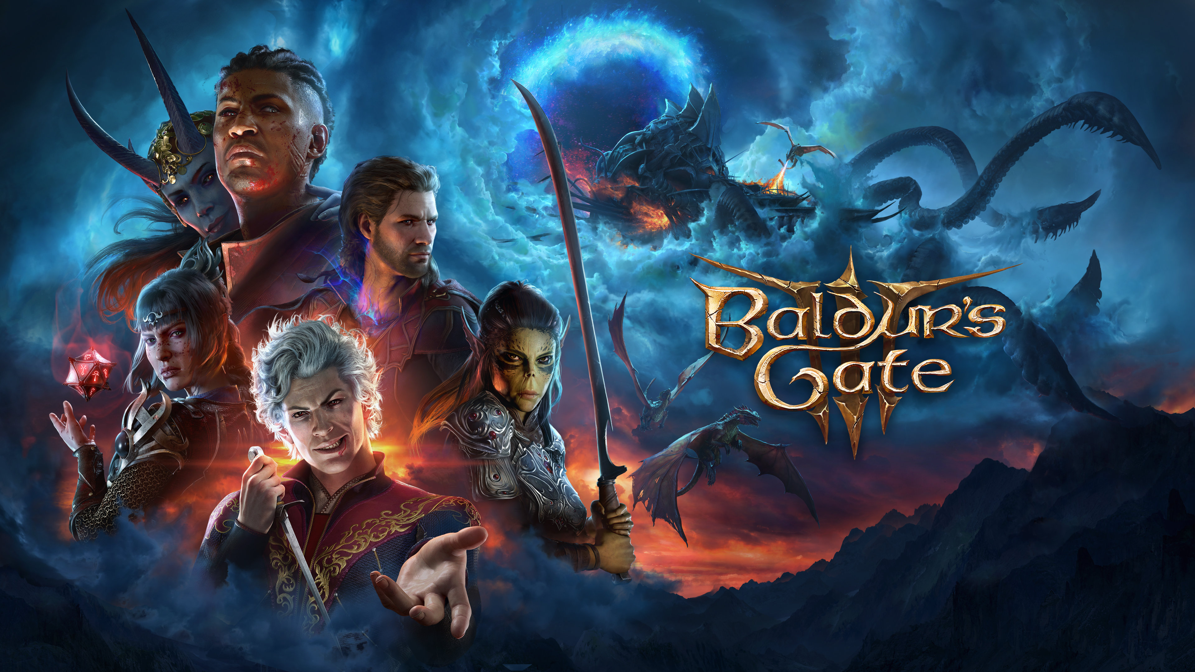 Key art for Baldur’s Gate 3, developed by Larian Studios. It shows multiple classes of characters juxtaposed near each other on an ethereal blue background.
