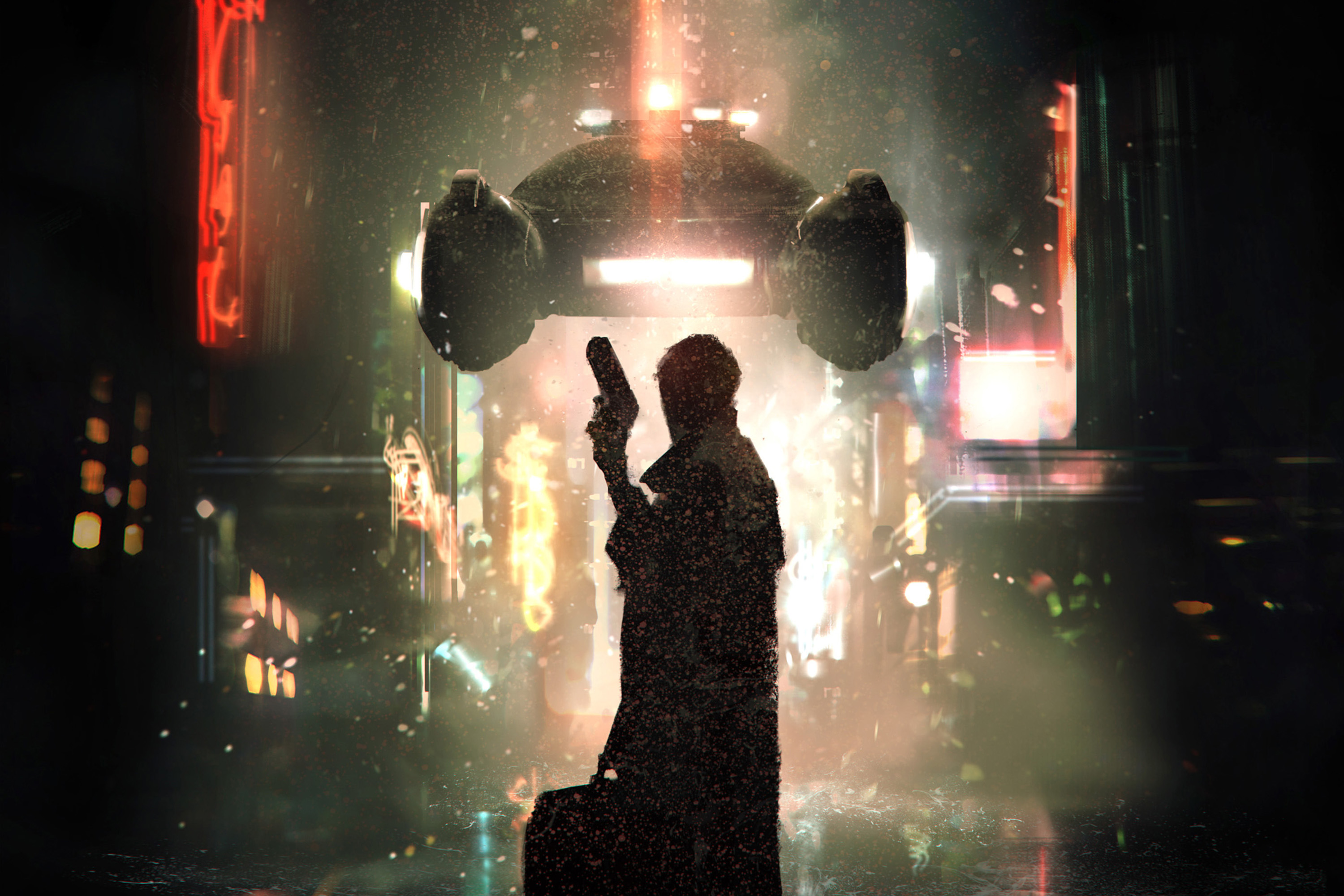 A blade runner holding a gun and a bag stares down a flying car in a rain-soaked, neon-lit scene from near-future LA.