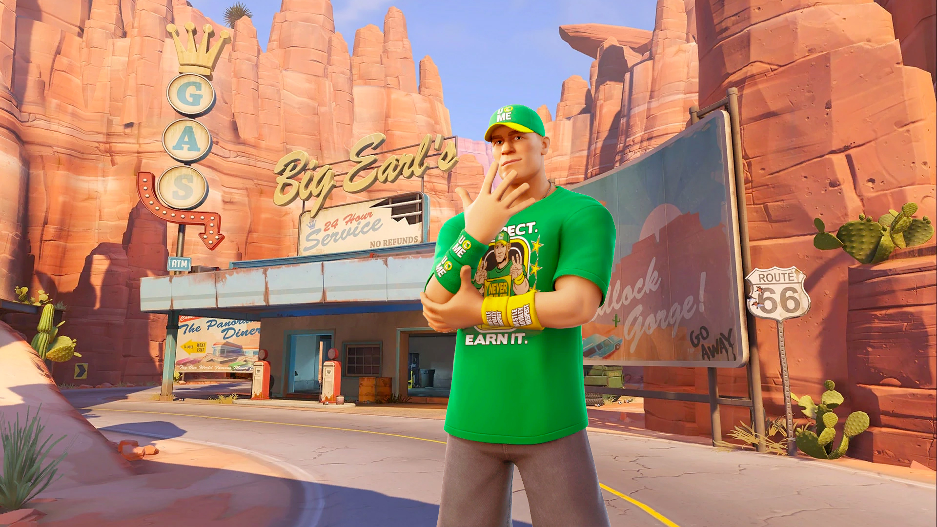 John Cena’s Fortnite model in the “U can’t see me” pose with the Route 66 map from Overwatch as background
