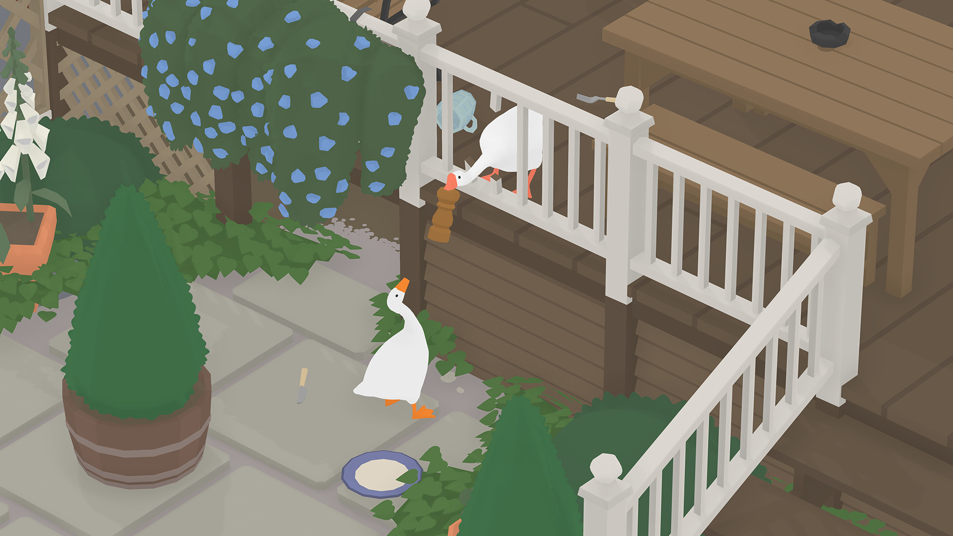 One horrible goose with something in its mouth, craning its neck over a banister towards another horrible goose, in Untitled Goose Game.