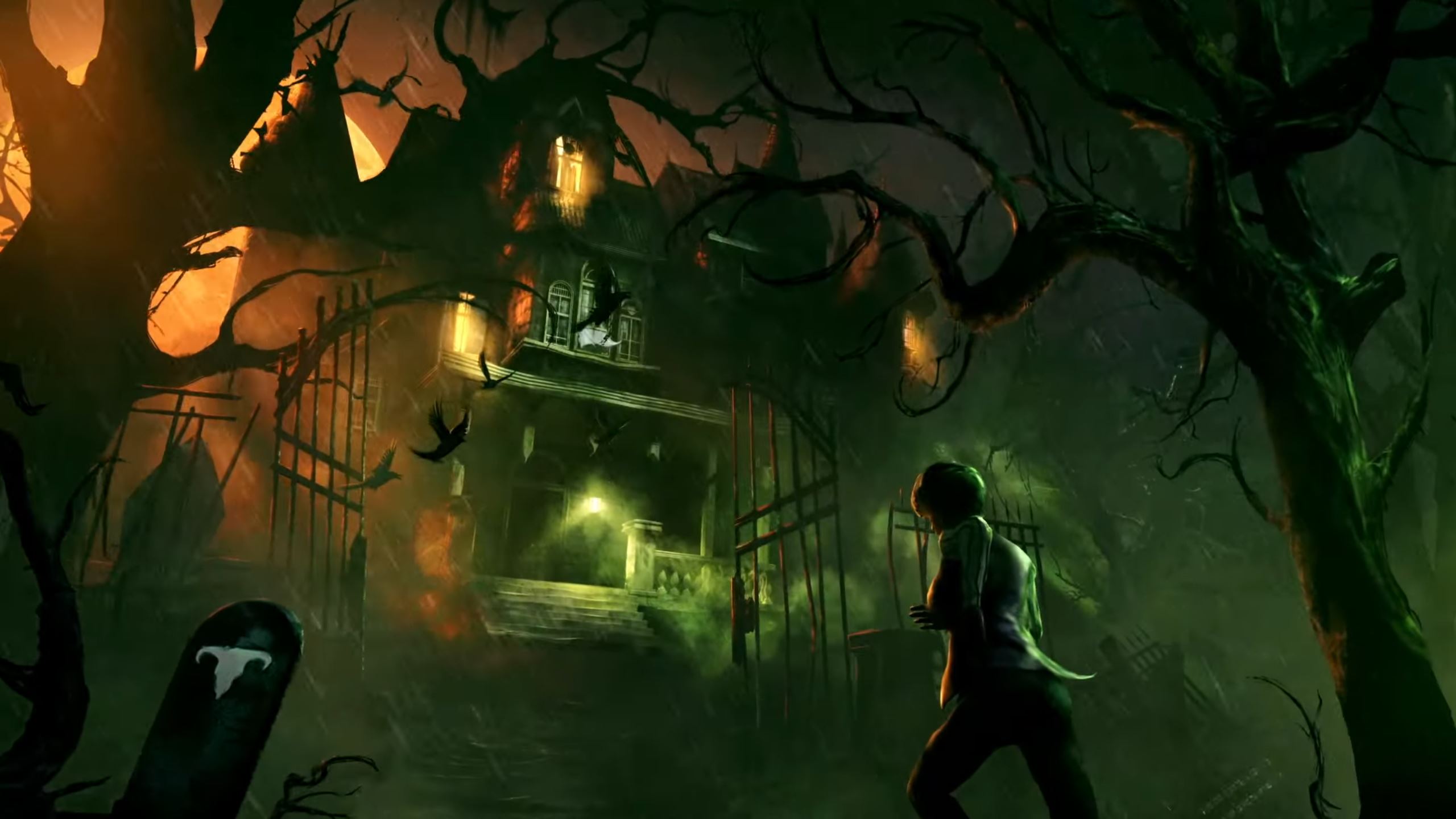 A woman walks through the wrought iron gate of a creepy old house. The sky is red, and the ground covered in green mist.