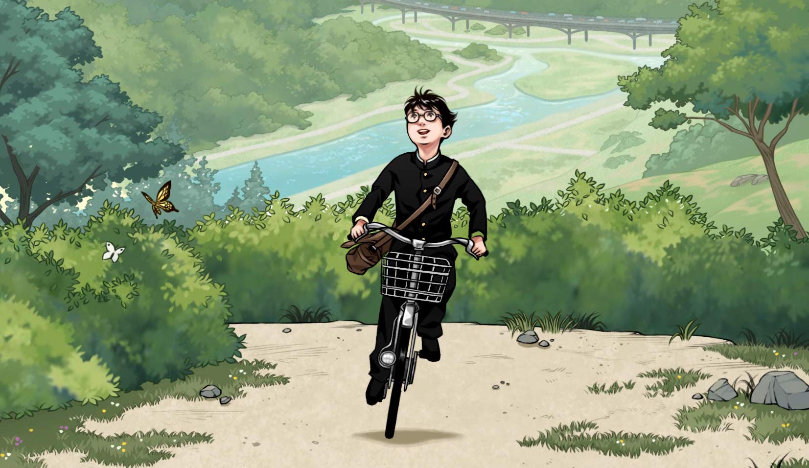 A detail from an American book cover for Genzaburō Yoshino’s children’s novel How Do You Live?, which inspired Hayao Miyazaki’s movie, shows a young boy in a black school uniform smiling as he bikes up a country hill, surrounded by greenery and with a river in the distant background