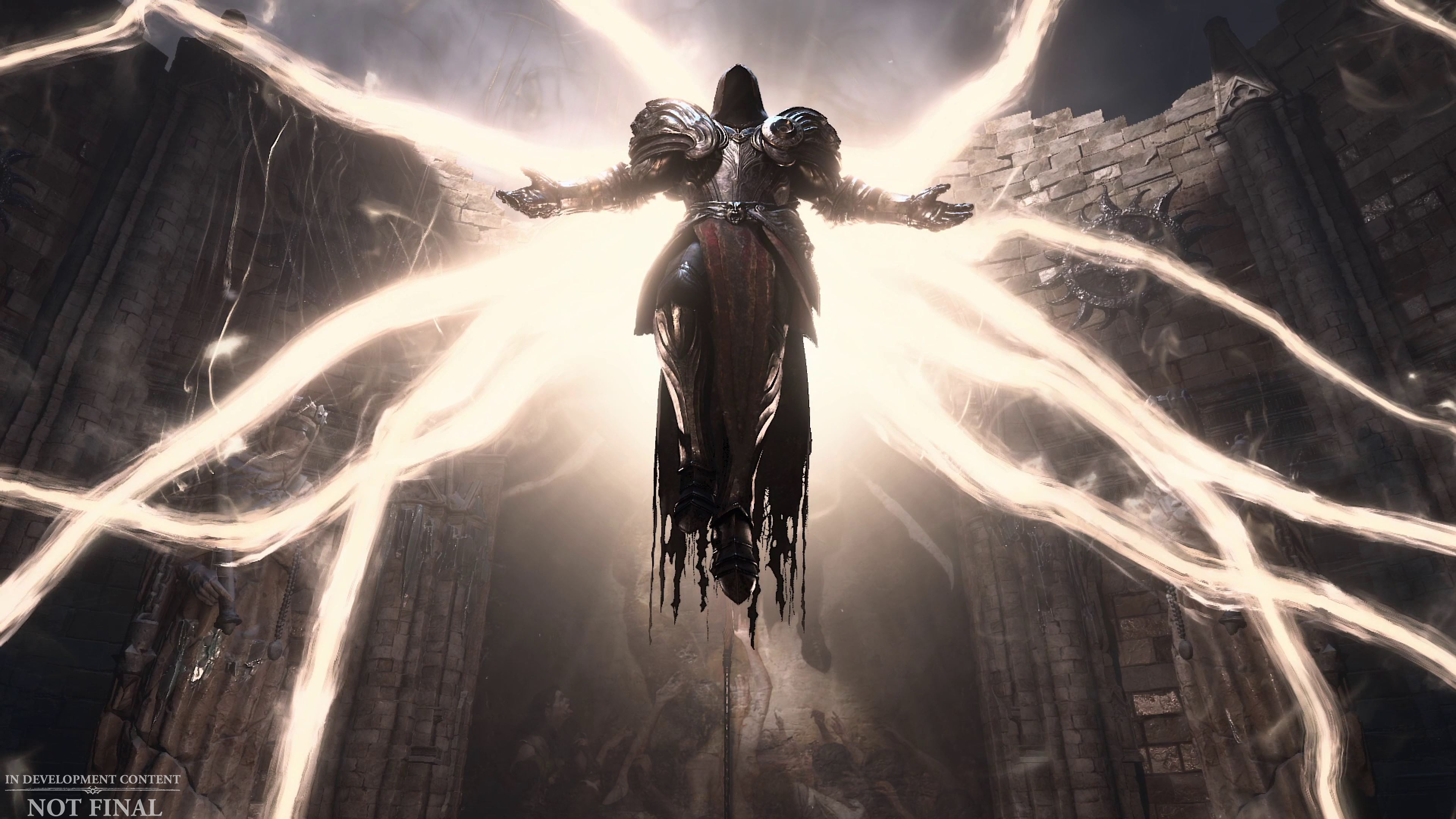 Inarius, an angel with wings made of light, descends on the player in Diablo 4