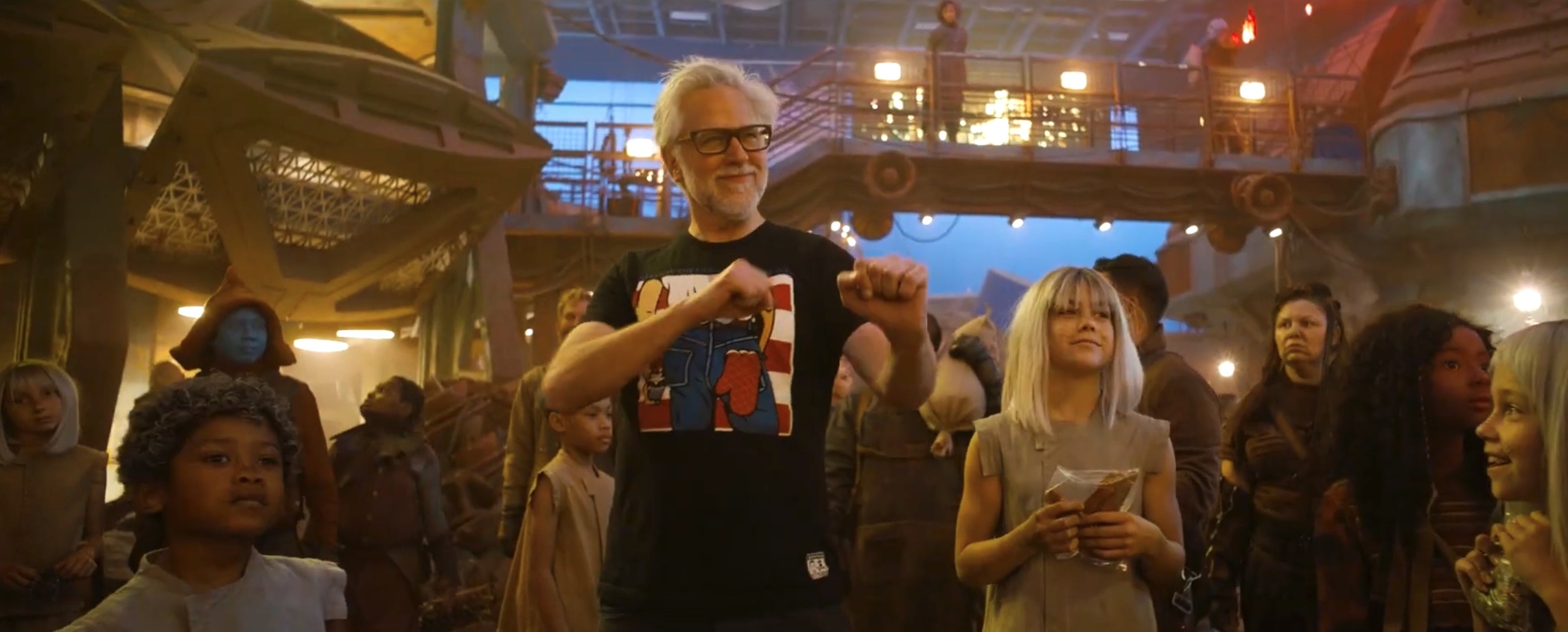 James Gunn dancing on the set of Guardians of the Galaxy 3 in the scene where Groot dances with Knowhere kids