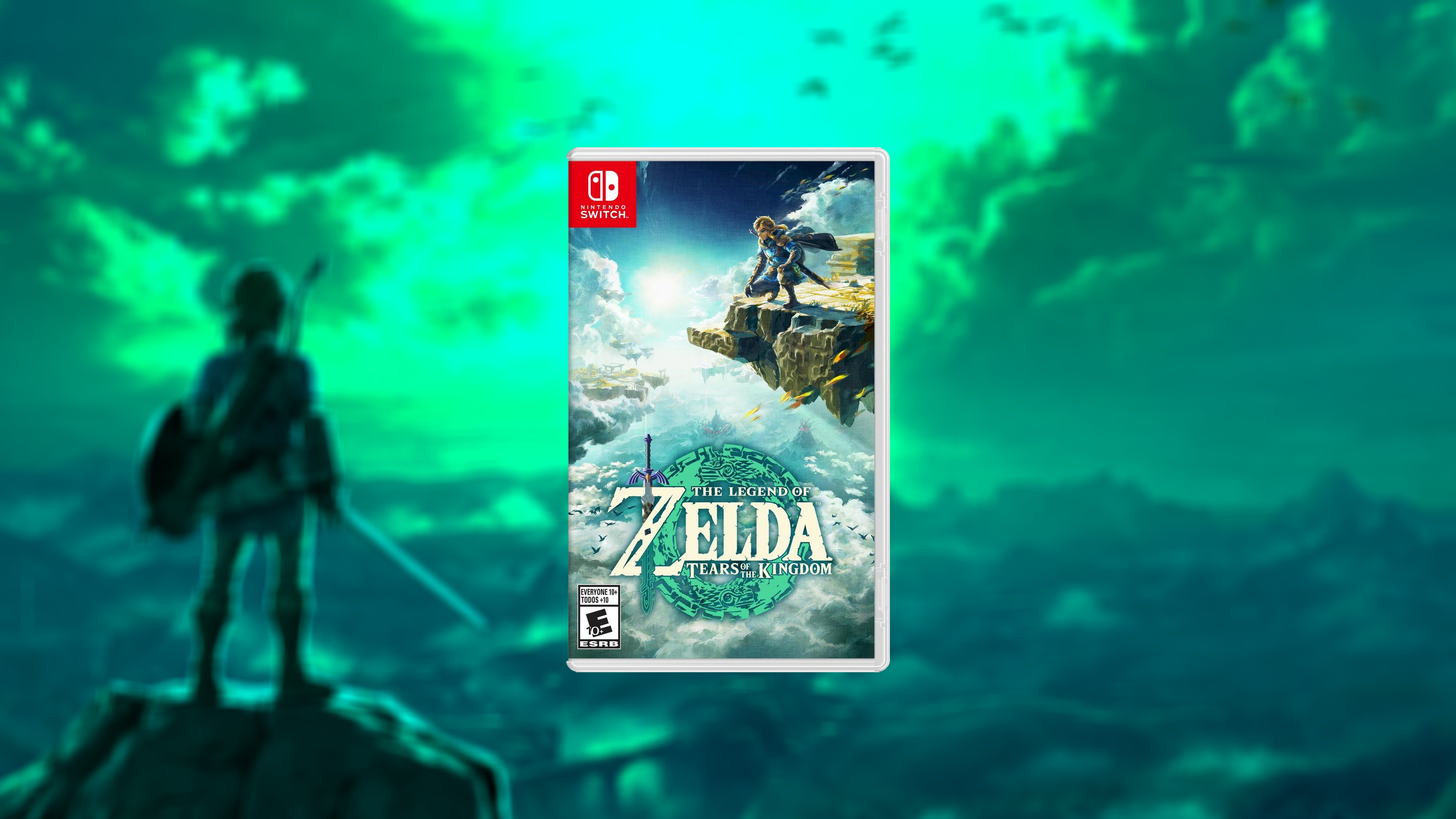 A graphic showing the box art for The Legend of Zelda Tears of the Kingdom set against a light green backdrop. The background art is from The Legend of Zelda Breath of the Wild.