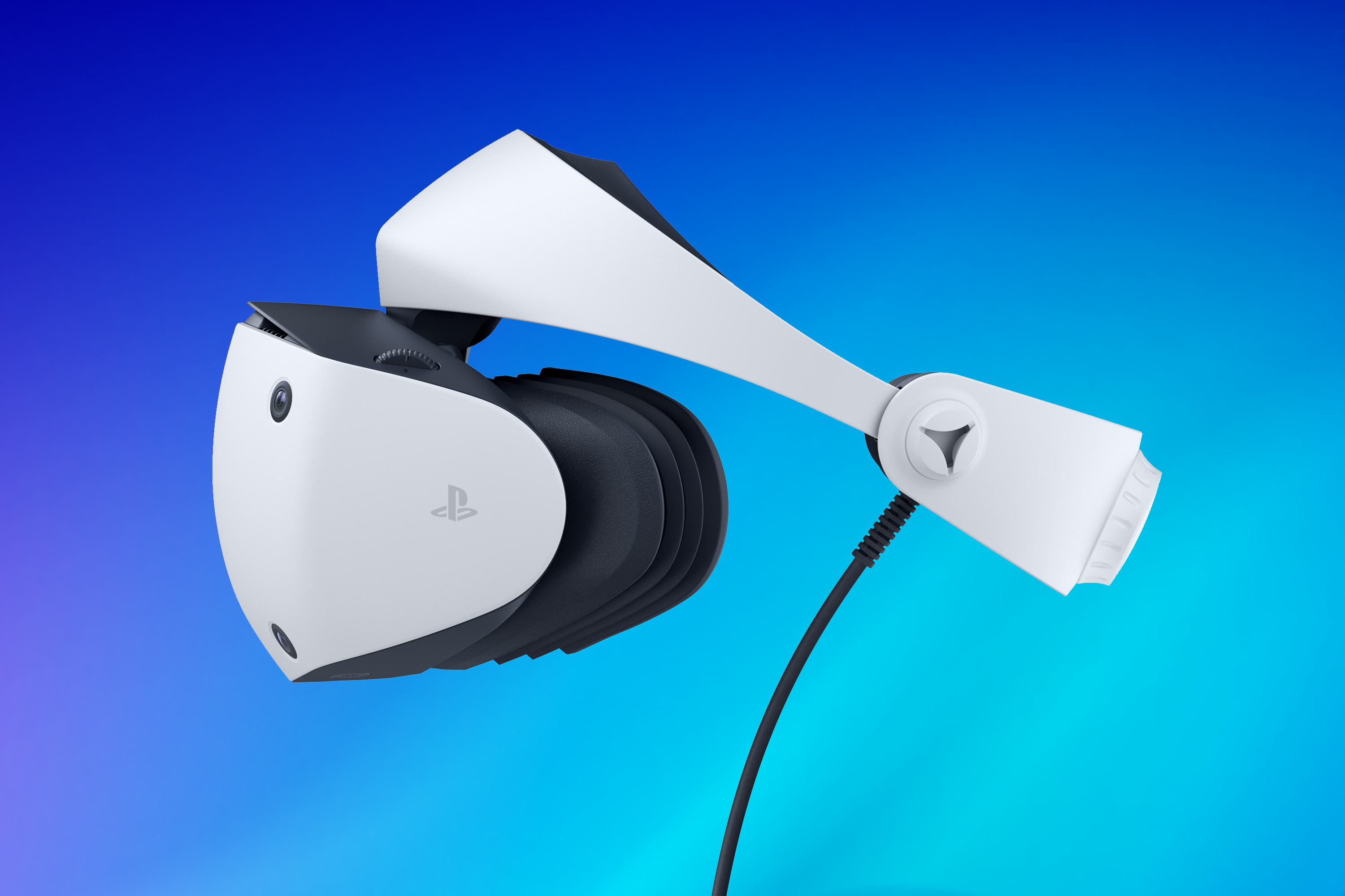 A graphic featuring a profile view of the PlayStation VR2 headset