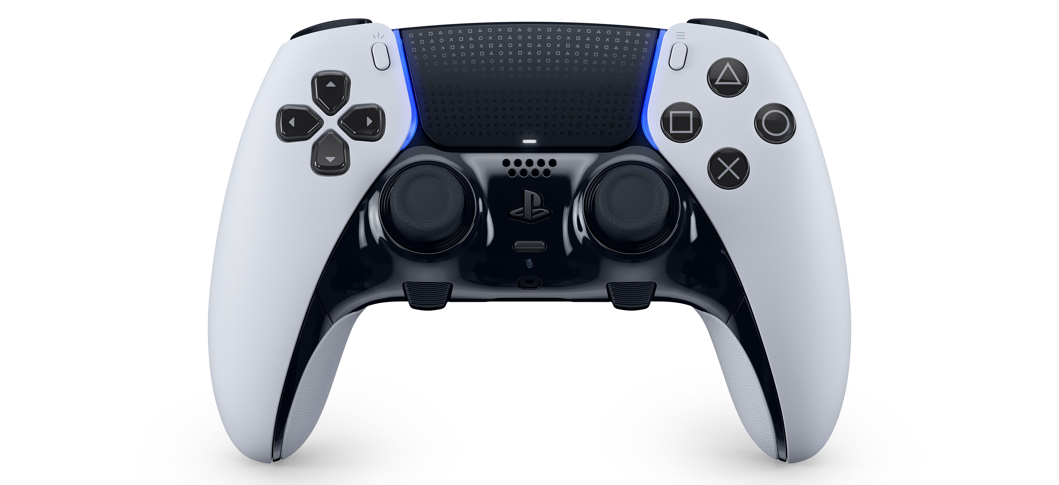a product image of the PlayStation 5 DualSense Edge controller standing up