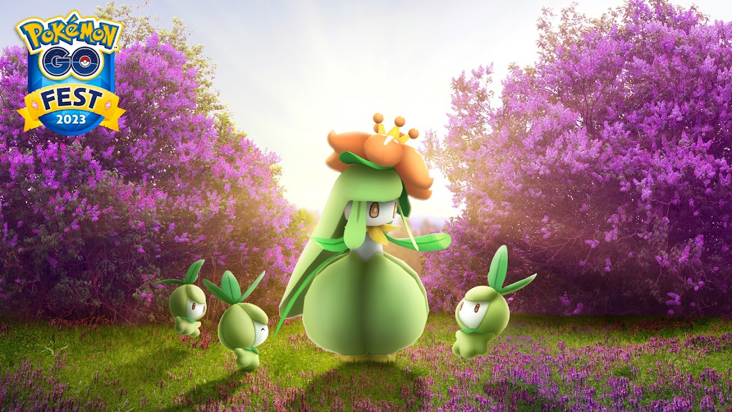 Lilligant and Petilil as seen in Pokémon Go around some pink bushes