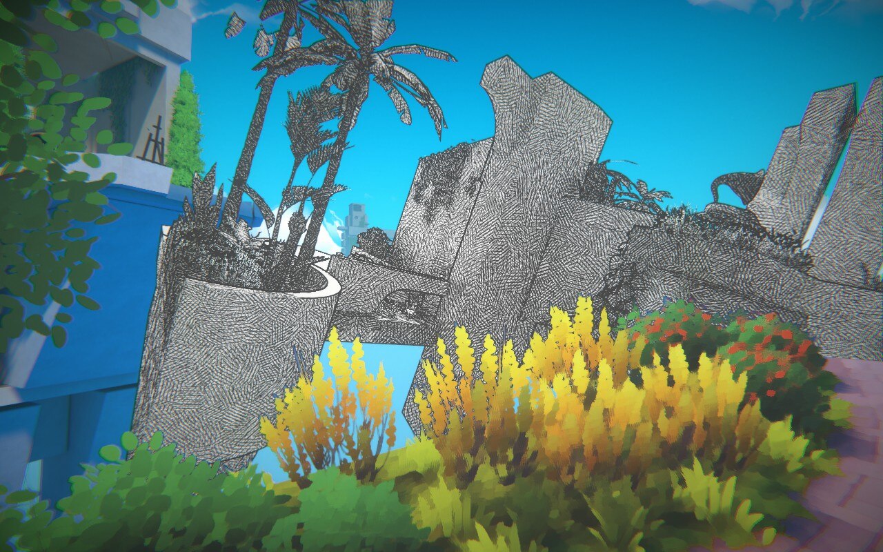 The player observes a hand drawn part of the landscape in Viewfinder, consisting of palm trees, autumnal shrubs, and floating platforms