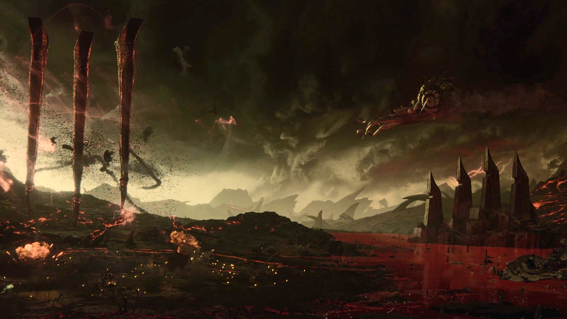 Baldur’s Gate 3 screenshot of an illithid Nautiloid flying through a hellish landscape