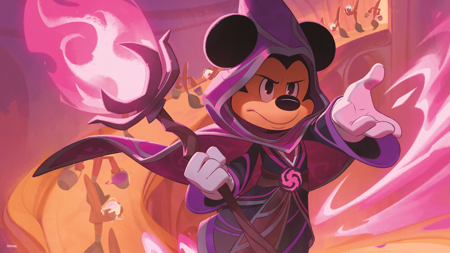 Mickey Mouse, performing as a mage on his character card for Disney Lorcana