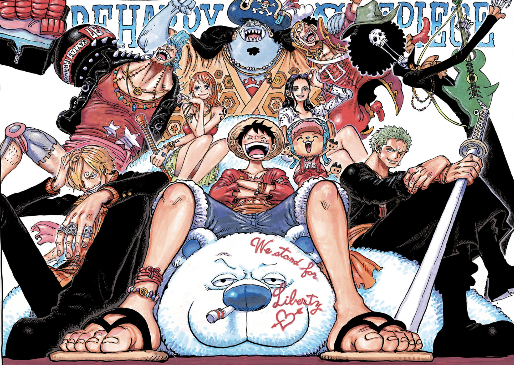 A color illustration of the Straw Hat pirate crew in One Piece. Luffy is sitting on a white polar bear the rest of the crew is surrounding him.
