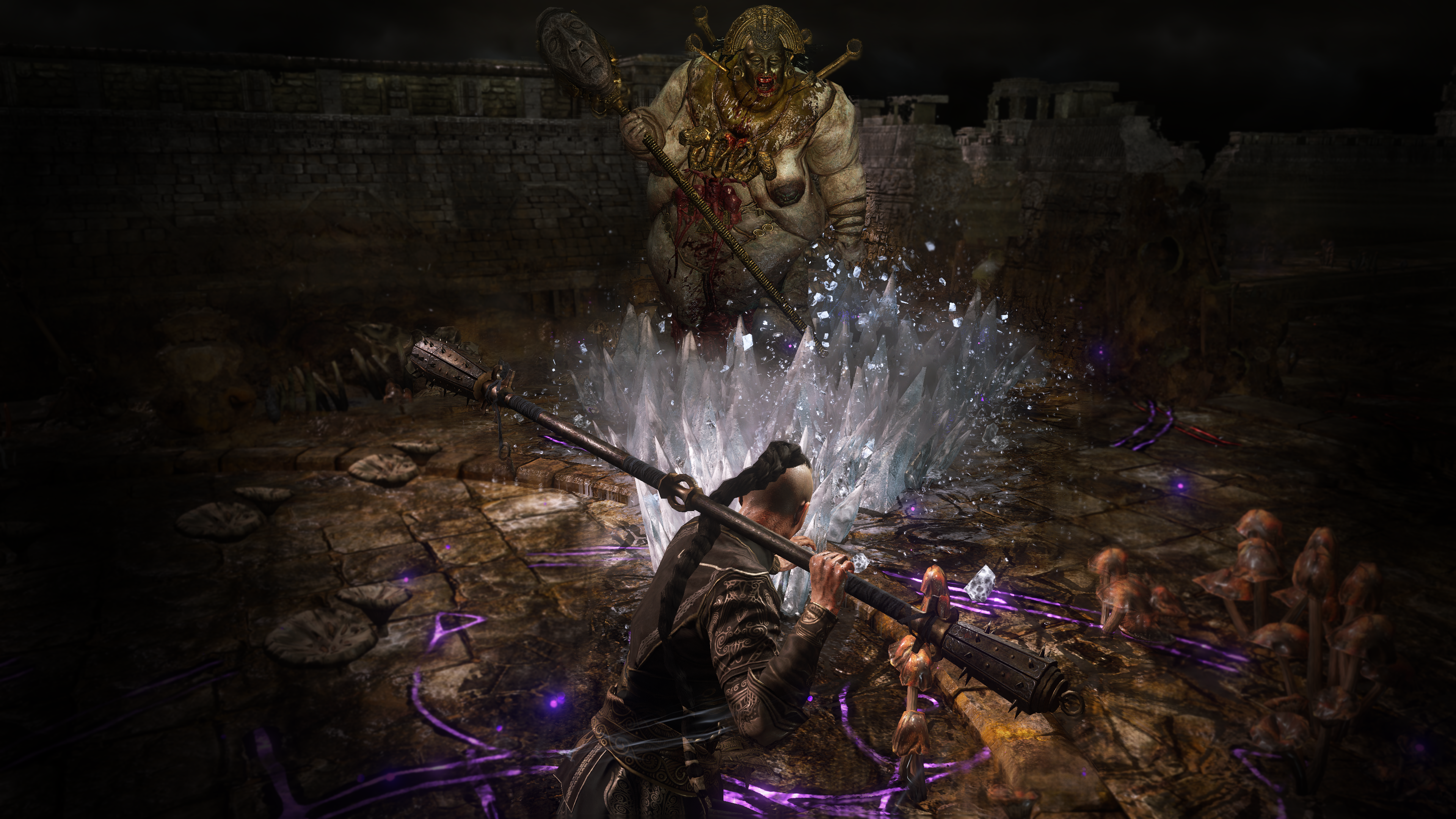 A monk squares up against a large enemy, grotesque enemy in Path of Exile 2